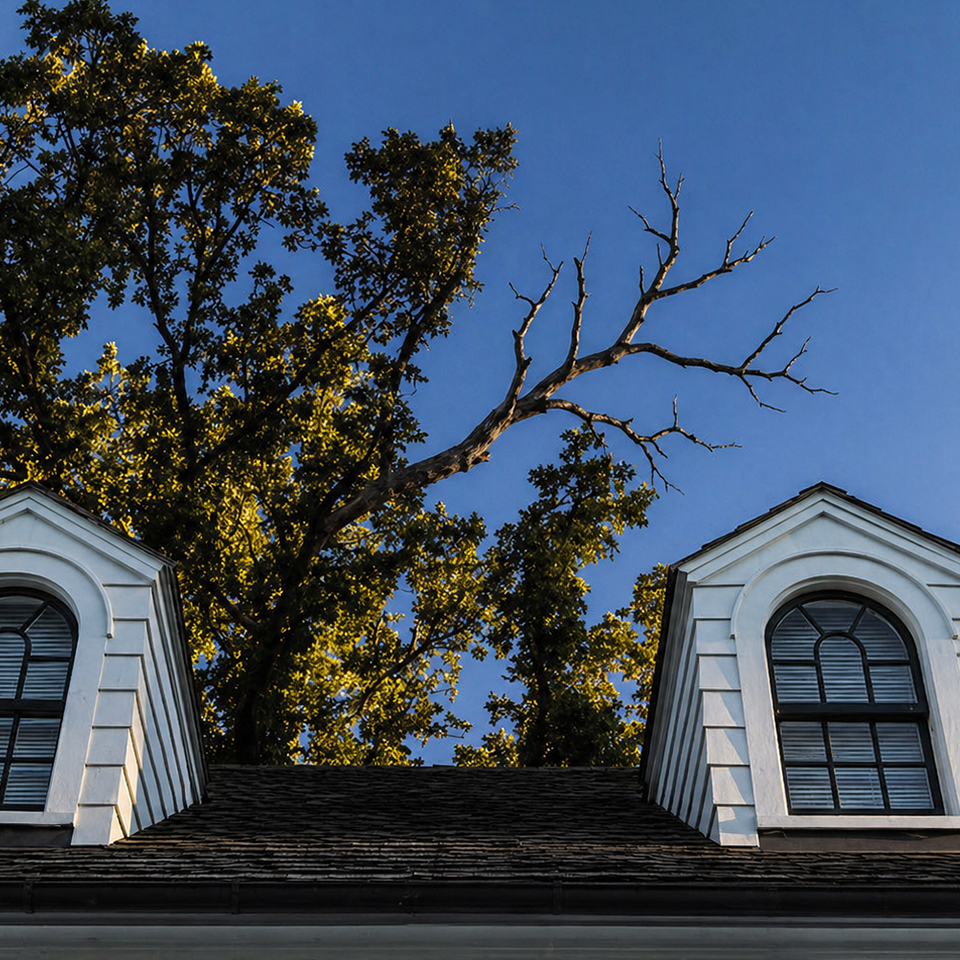 A large dead branch hanging over a roof