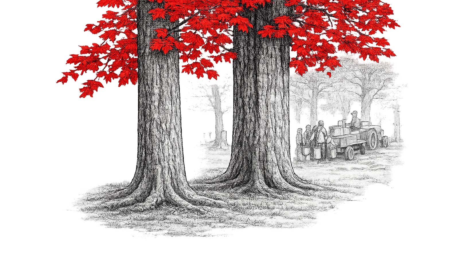 two red maples with a greyed out memory of children collecting sap in the background